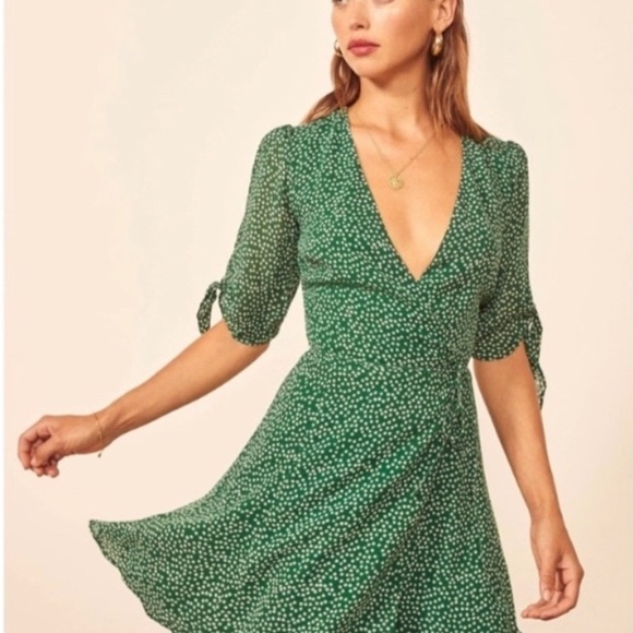 Reformation Mini Green Floral Wrap Dress - Picture 2 of 8